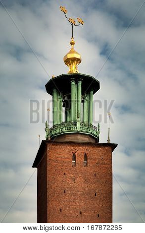 Close-up views of the City Hall's tower (Stadshuset) in Stockholm Sweden
