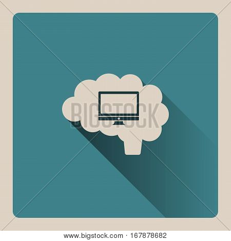 Brain thinking about the computer illustration on blue square background with shade