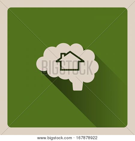 Brain thinking in a house illustration on square green background with shade