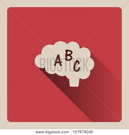 Brain thinking in language on red square background with shade