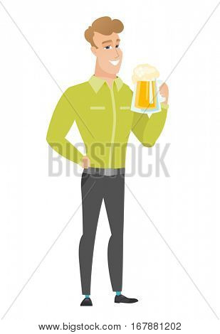 Cheerful caucasian business man drinking beer. Full length of smiling businessman with beer. Young happy business man holding mug of beer. Vector flat design illustration isolated on white background
