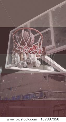 basketball shot of 3 points, a 3 point shot in basketball game, a basket with 3 basketballs