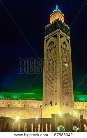 The Hassan II Mosque or Grande Mosque Hassan II at night Casablanca Morocco. Largest mosque in Morocco