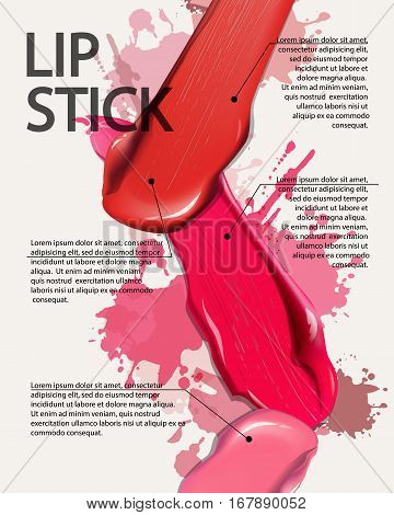 Smears lipstick on white background. Beauty and cosmetics background. Use for advertising flyer banner leaflet. Template Vector.