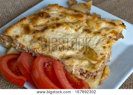 Moussaka - a traditional Balkan specialty with minced meat and potatoes
