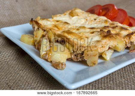Moussaka - a traditional Balkan specialty with minced meat and potatoes