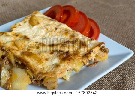 Moussaka - a traditional Balkan specialty with minced meat and potatoes
