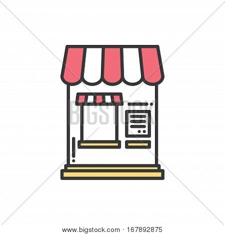 Thin line icons set. Cashbox, ticket window. Food kiosk, trolley, mobile cafe, shop, trade cart. Vector linear icons. Isolated illustration Symbols Object Sale