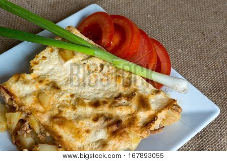 Moussaka - a traditional Balkan specialty with minced meat and potatoes