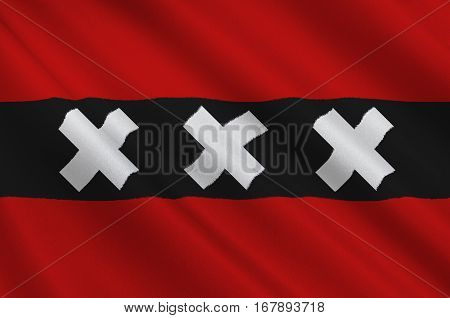 Flag of Amsterdam is the capital and most populous city of the Kingdom of the Netherlands. 3d illustration