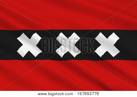 Flag of Amsterdam is the capital and most populous city of the Kingdom of the Netherlands. 3d illustration