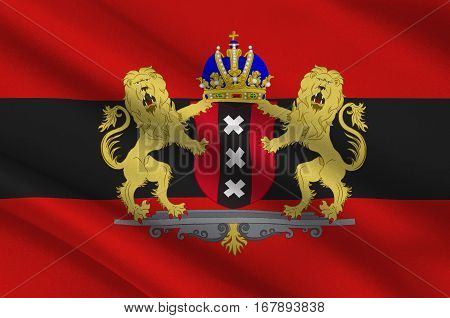 Flag of Amsterdam is the capital and most populous city of the Kingdom of the Netherlands. 3d illustration