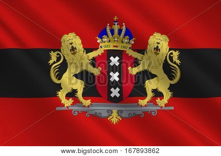 Flag of Amsterdam is the capital and most populous city of the Kingdom of the Netherlands. 3d illustration