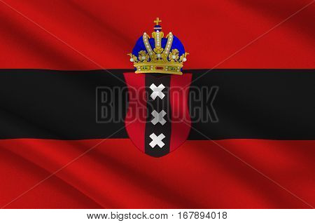 Flag of Amsterdam is the capital and most populous city of the Kingdom of the Netherlands. 3d illustration
