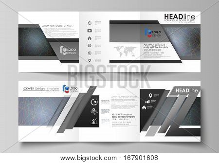 Set of business templates for tri fold square design brochures. Leaflet cover, abstract flat layout, easy editable vector. Colorful dark background with abstract lines. Bright color chaotic, random, messy curves. Colourful vector decoration.