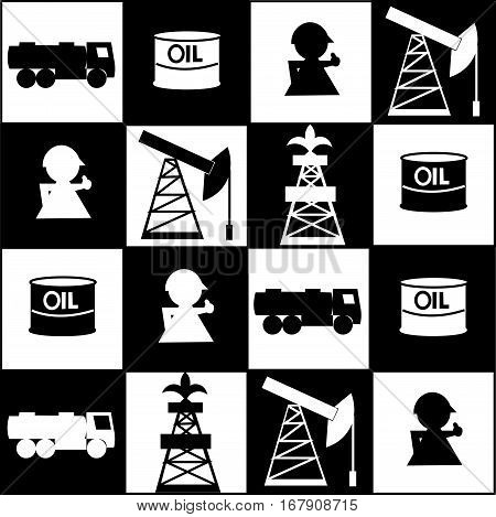 Competition in the oil market. On the chessboard oil derrick, gasoline tanker, workers, oilman, tanks with oil. Black and white vector illustration. The concept of the oil business