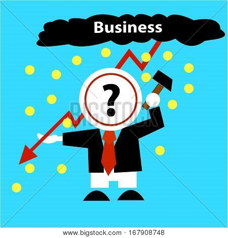 Business concept. Businessman solves problem of falling incomes, profits. Man beats a plate with a question mark, rain of money, coins, zipper - red curve arrow. Blue background. Vector illustration