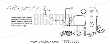Sewing line vector banner, flyer template, Sewing machine, scissors, pincushion and threads illustration, Place for your text