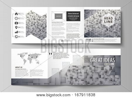 Set of business templates for tri fold square design brochures. Leaflet cover, abstract flat layout, easy editable vector. Pattern made from squares, gray background in geometrical style. Simple texture.