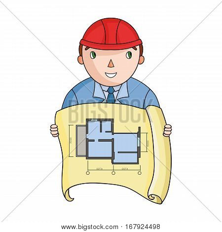 Architect with technical drawing icon in cartoon design isolated on white background. Architect symbol stock vector illustration.