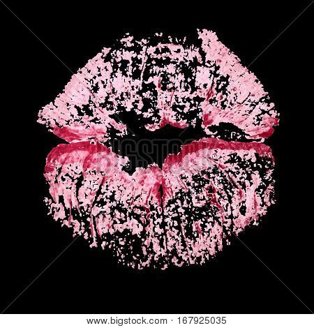 Lipstick realistic kiss imprint on black background.