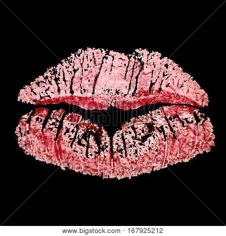 Lipstick realistic kiss imprint on black background.