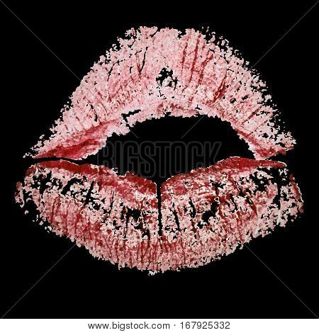 Lipstick realistic kiss imprint on black background.