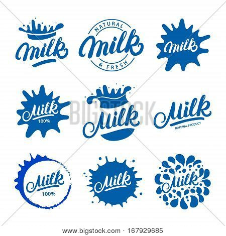 Set of hand written lettering Milk logos, labels, badges, emblems with splashes. Isolated on background. Vector illustration.