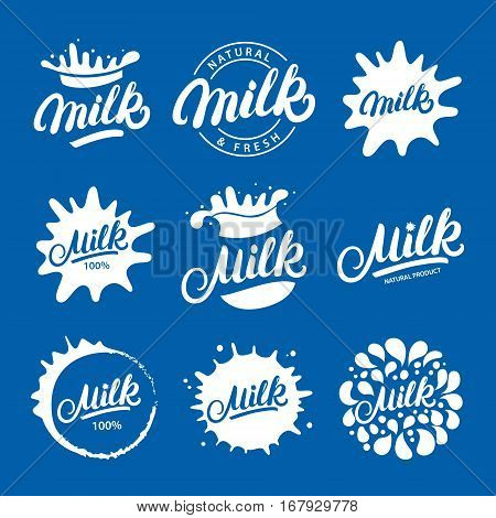 Set of hand written lettering Milk logos, labels, badges, emblems with splashes. Isolated on background. Vector illustration.