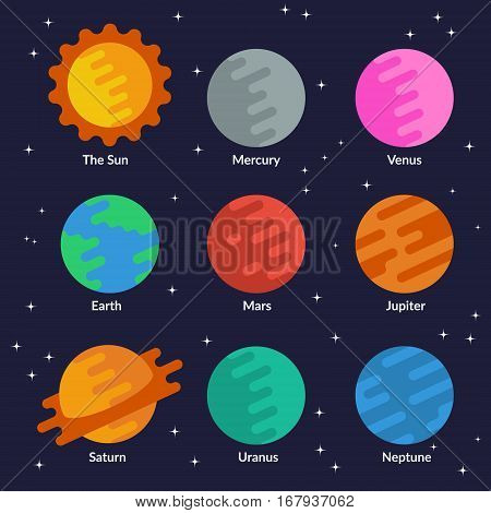 Solar system planets and the sun. Vector set in flat style.