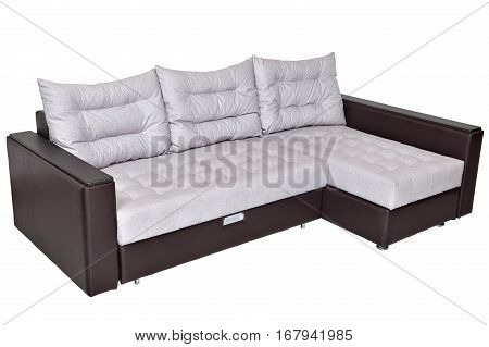 Corner convertible sofa bed with storage system upholstery soft white fabric and armrests upholstered brown leatherette isolated on a white background saved path selection.