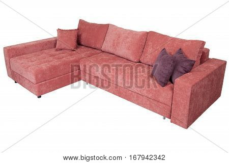 Corner sofa bed of pink with a storage system isolated on a white background saved path selection.