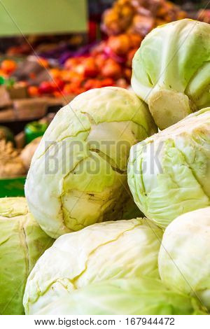 Fresh сabbage on the counter market .