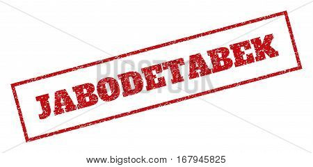 Red rubber seal stamp with Jabodetabek text. Vector message inside rectangular frame. Grunge design and scratched texture for watermark labels. Inclined sticker.