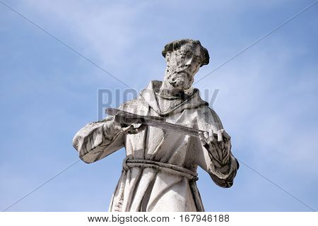 MARIBOR, SLOVENIA - APRIL 03: Saint Francis of Assissi statue, Plague column at Main Square of the city of Maribor in Slovenia, Europe. Historical religious sculpture, April 03, 2016.