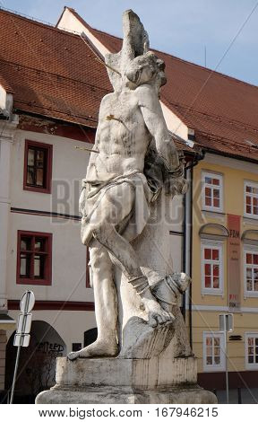 MARIBOR, SLOVENIA - APRIL 03: Saint Sebastian statue, Plague column at Main Square of the city of Maribor in Slovenia, Europe. Historical religious sculpture, April 03, 2016.