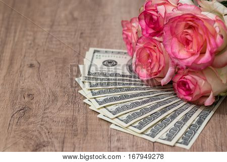 koral roses with dollars on desk close up