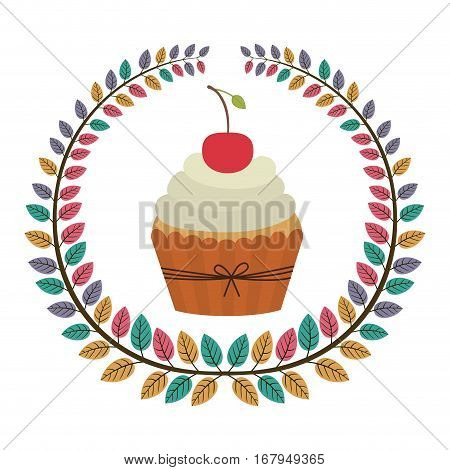 crown of leaves with cupcake with cream and cherry vector illustration