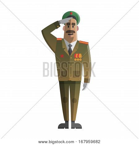 Military men salute. Army forse veteran. Day of defenders of fatherland. Twenty three of february. Russian national holiday. Day of the mens. Vector illustration cartoon style.