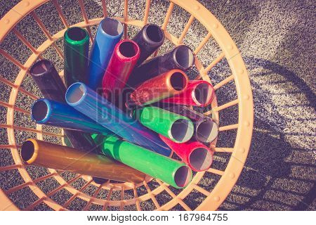 Many Colorful School Baton Of Running Preparing In A Basket For Running Competition. Running Sport E