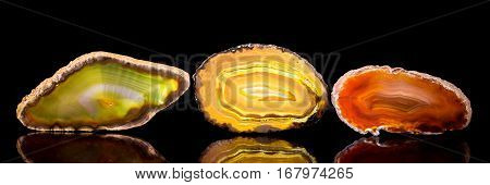 Three Agate Slice, Black Background, Healing Stone And Mineral, Banner
