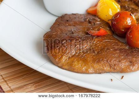 Vegetarian Steak Made From Vegan Meat Seitan, With Cherry Tomatoes