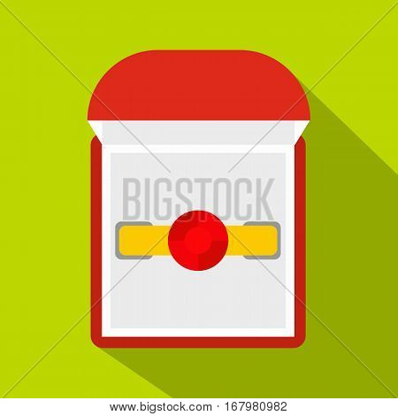 Gold ring with ruby in a red velvet box icon. Flat illustration of gold ring with ruby in a red velvet box vector icon for web on lime background