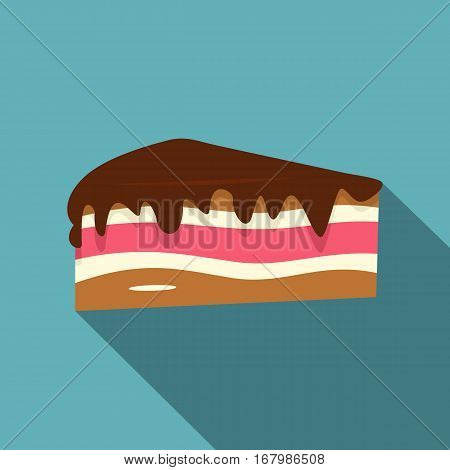 Piece of cake with chocolate cream icon. Flat illustration of piece of cake with chocolate cream vector icon for web on baby blue background