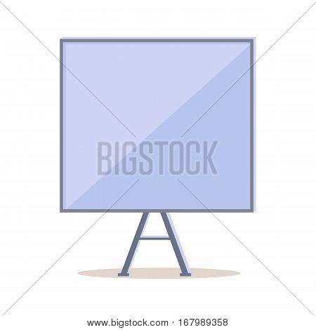 Tripod whiteboard with blank screen. Tripod whiteboard icon. Empty board at a presentation. Tripod icon. Portable three-legged board screen. Isolated object in flat design on white background. Vector