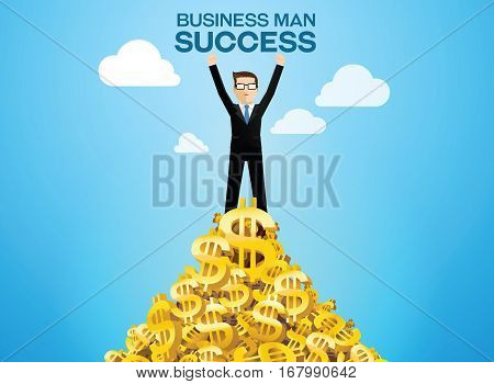 business man successful on mountain money vector