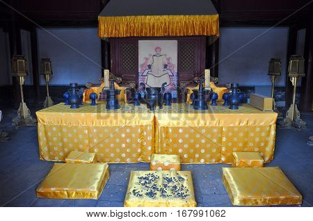 SHENYANG, CHINA - JUL. 26, 2012: Interior of Ancestral Temple in Shenyang Imperial Palace Mukden Palace, Shenyang, Liaoning Province, China. Shenyang Imperial Palace is UNESCO world heritage site.