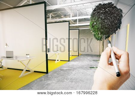 White hand drawing modern coworking office with decorative tree and partitions. Unfinished project concept