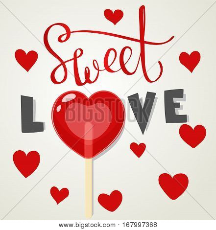 Sweet love lollipop, color vector illustration with hearts for valentines day