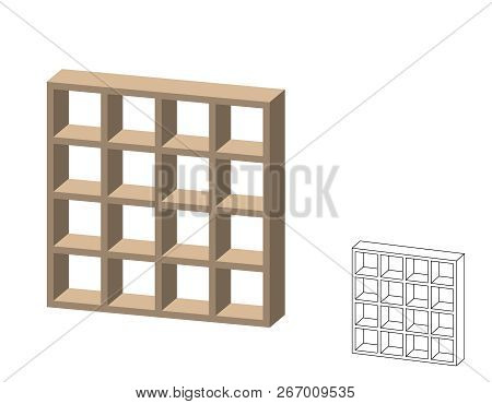 Empty Bookcase. Isolated On White Background. 3d Vector Illustration. Dimetric Projection.